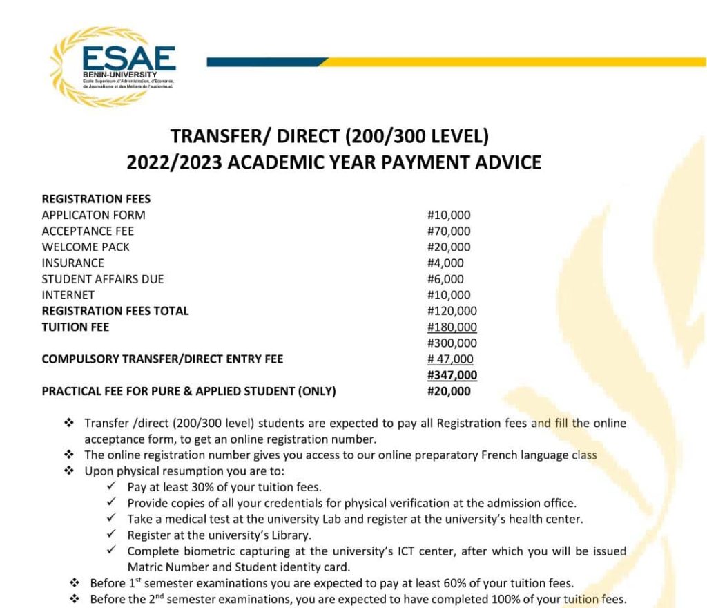 ESAE University Tuition fee