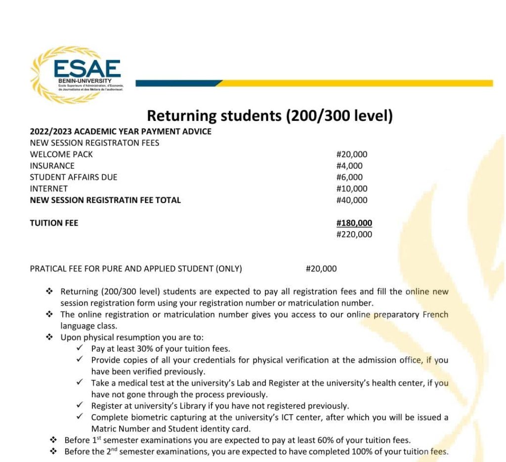 ESAE University Tuition fee